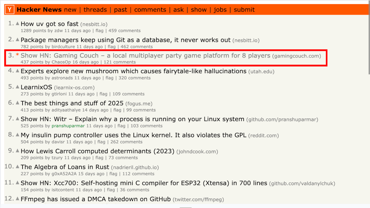 Screenshot of the Gaming Couch Show HN post at #3 on the Hacker News front page