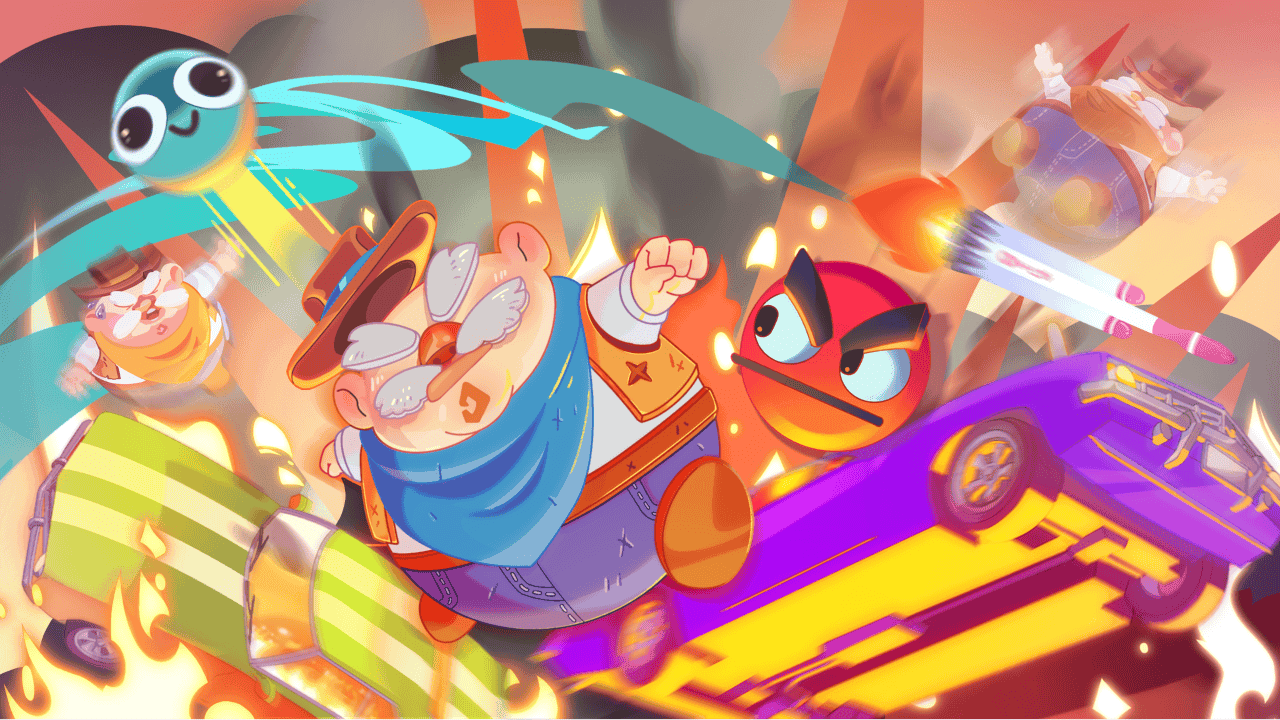 Gaming Couch character key art with cars, rockets, and chaos
