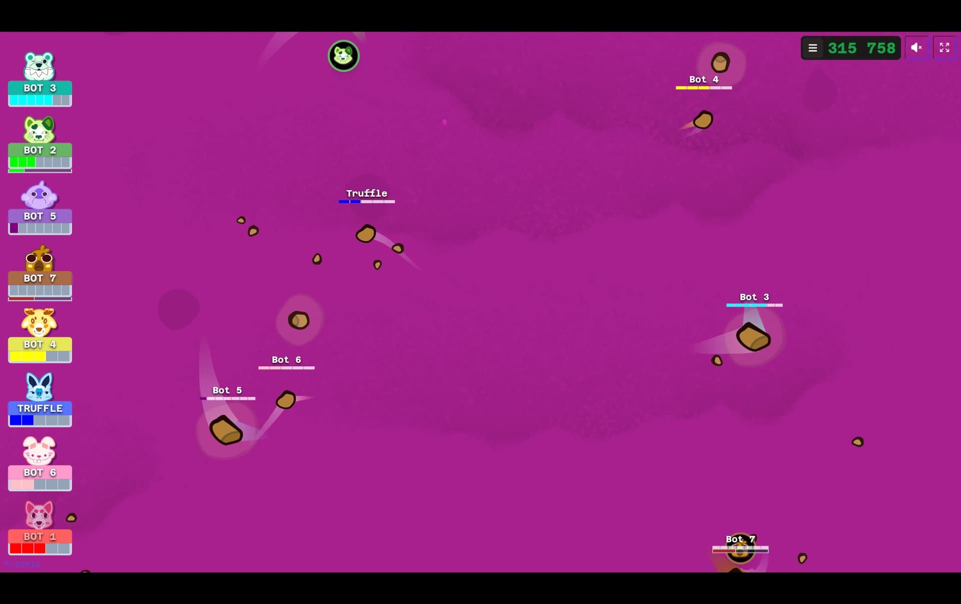 Protostellar: Impact gameplay, small asteroids drifting through a purple asteroid field with an eight-player roster down the left side
