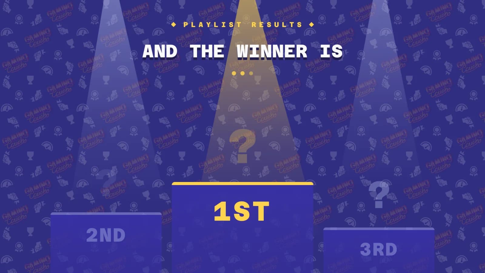 The ceremony's opening drumroll on the TV: "And the winner is…" above three empty podium steps marked with question marks