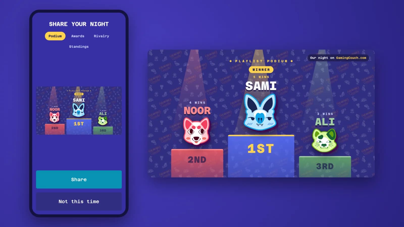 The phone's Share Your Night screen with the podium selected, next to the shared image marked "Our night on GamingCouch.com"